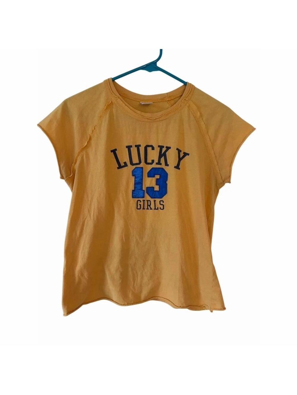Vintage Lucky Brand Girls T-Shirt Size L Yellow Lucky 13 Graphic Short Sleeve